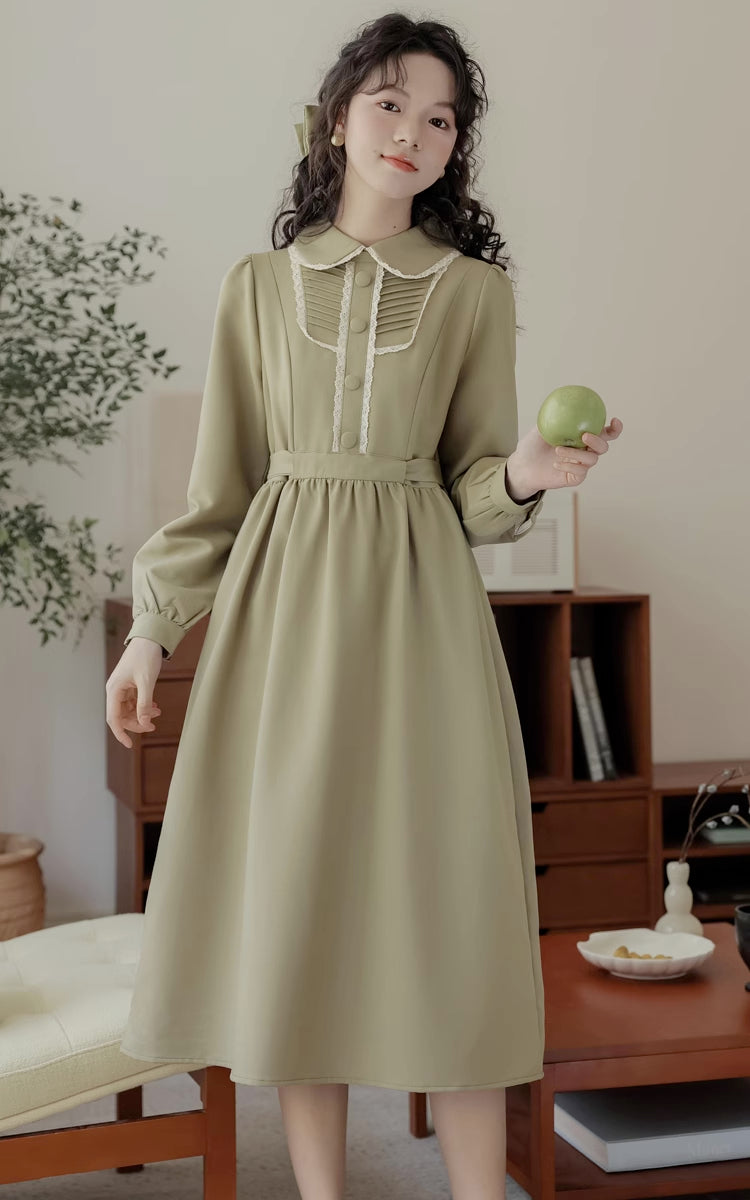 Sunday Tea Long Sleeve Midi Dress (Olive)