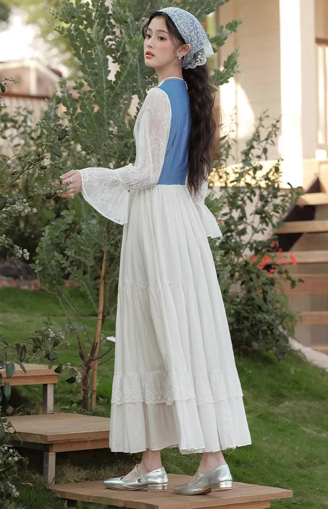 Belle Twofer Corset Peasant Maxi Dress (White/Blue)