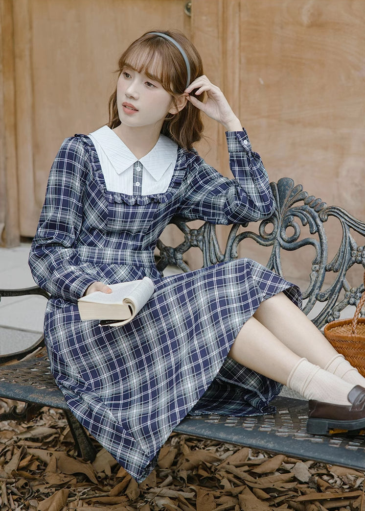 Uni Plaid Midi Dress (Navy)