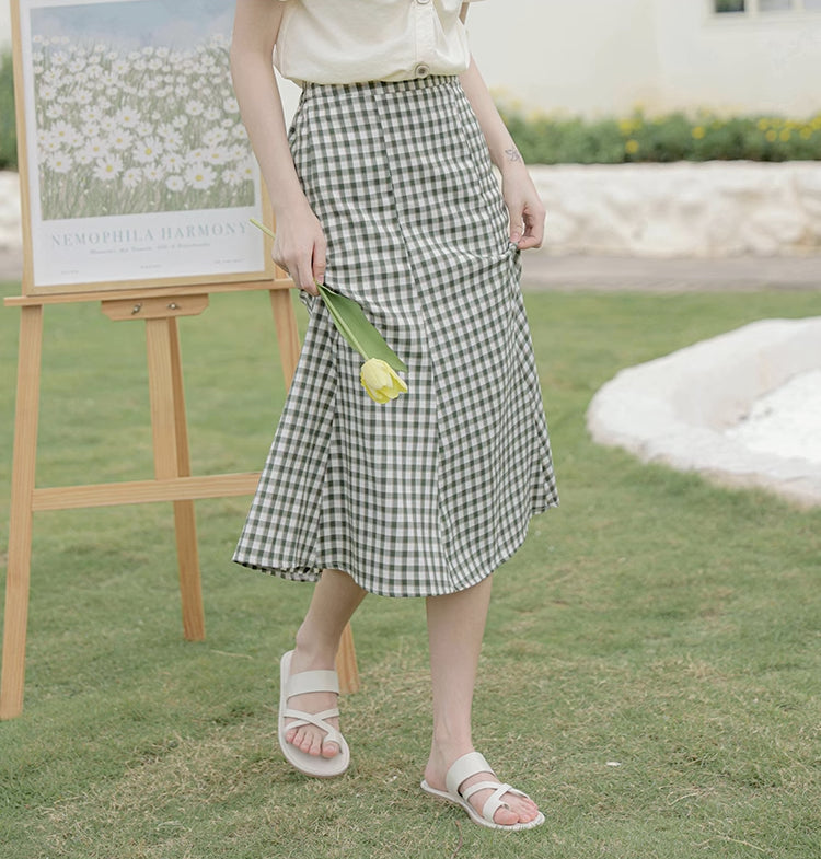 Green plaid clearance midi skirt