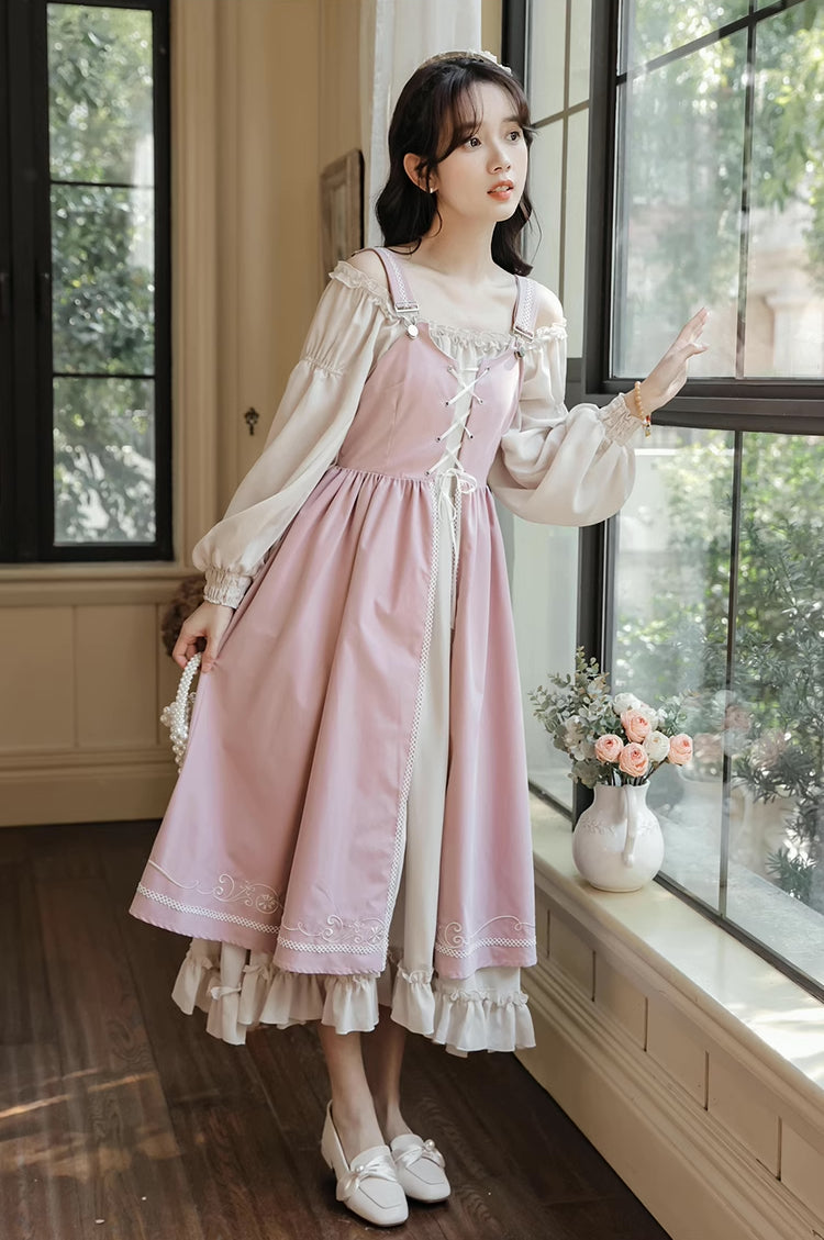 Two-Piece Corset Peasant Dress (Pink/Cream)