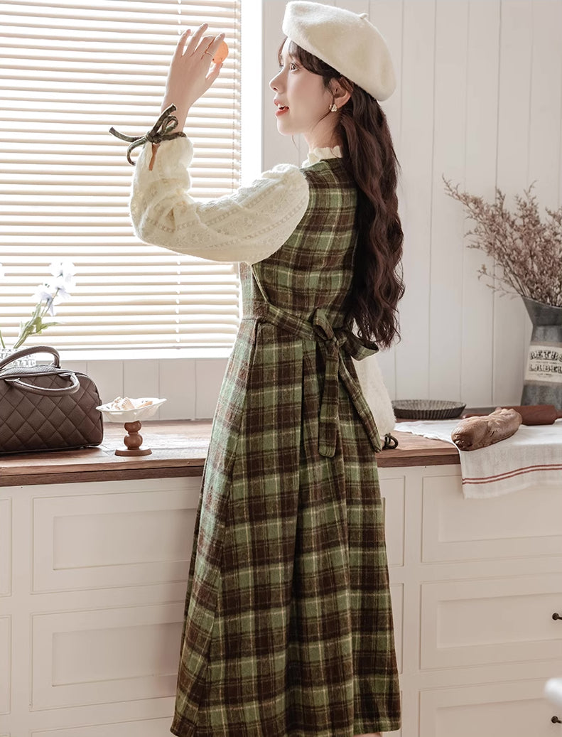 Chocolate Tea Plaid Twofer Midi Dress (Green)