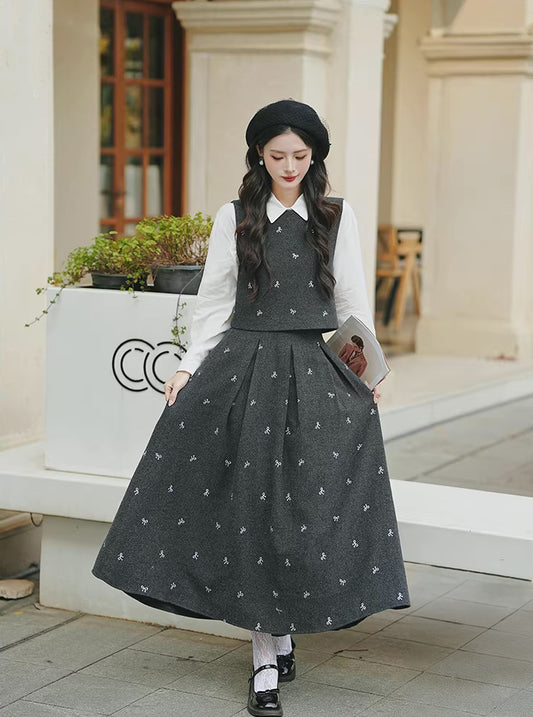 Preppy Bows Vest & Skirt Set (Grey)