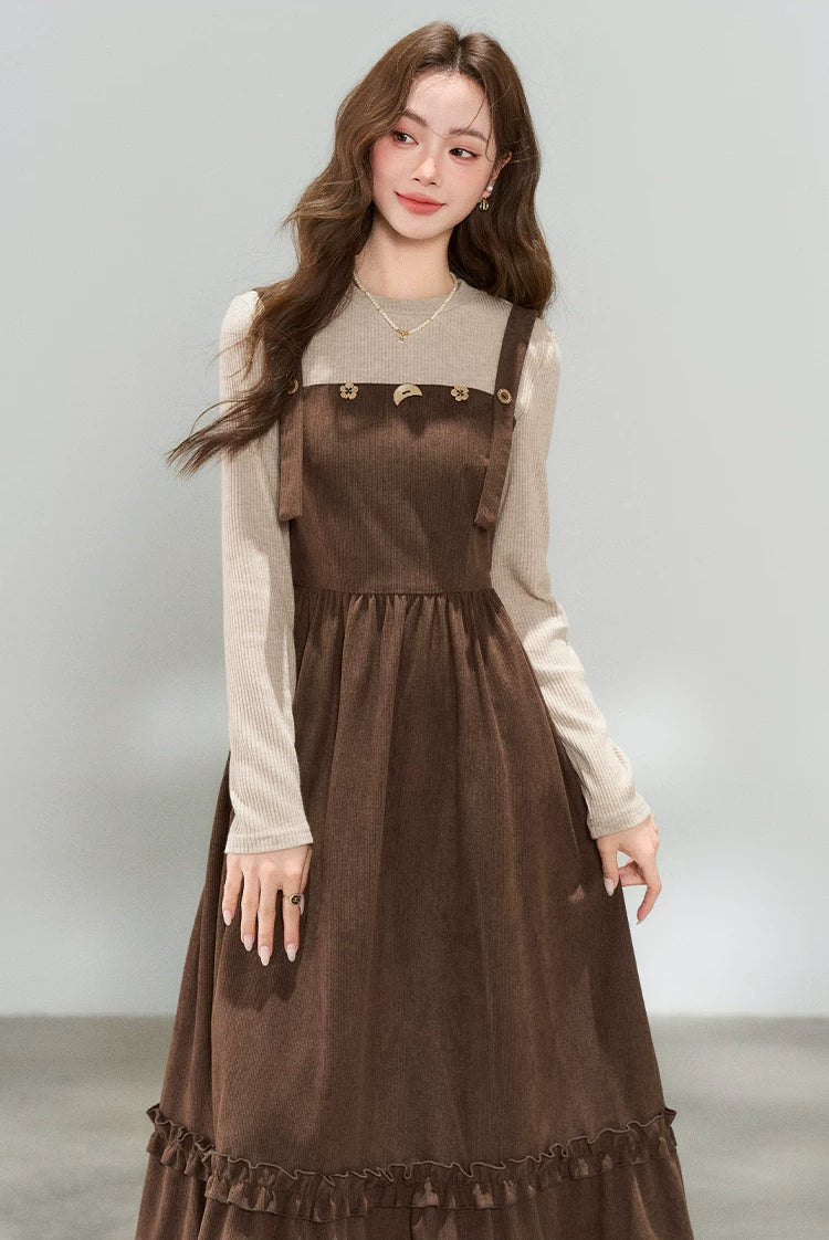Playful Buttons Twofer Midi Dress (Brown)