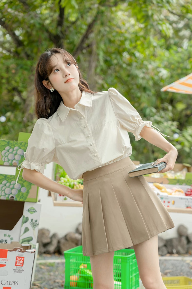 Basic Frilly Puff Sleeve Blouse (Cream)