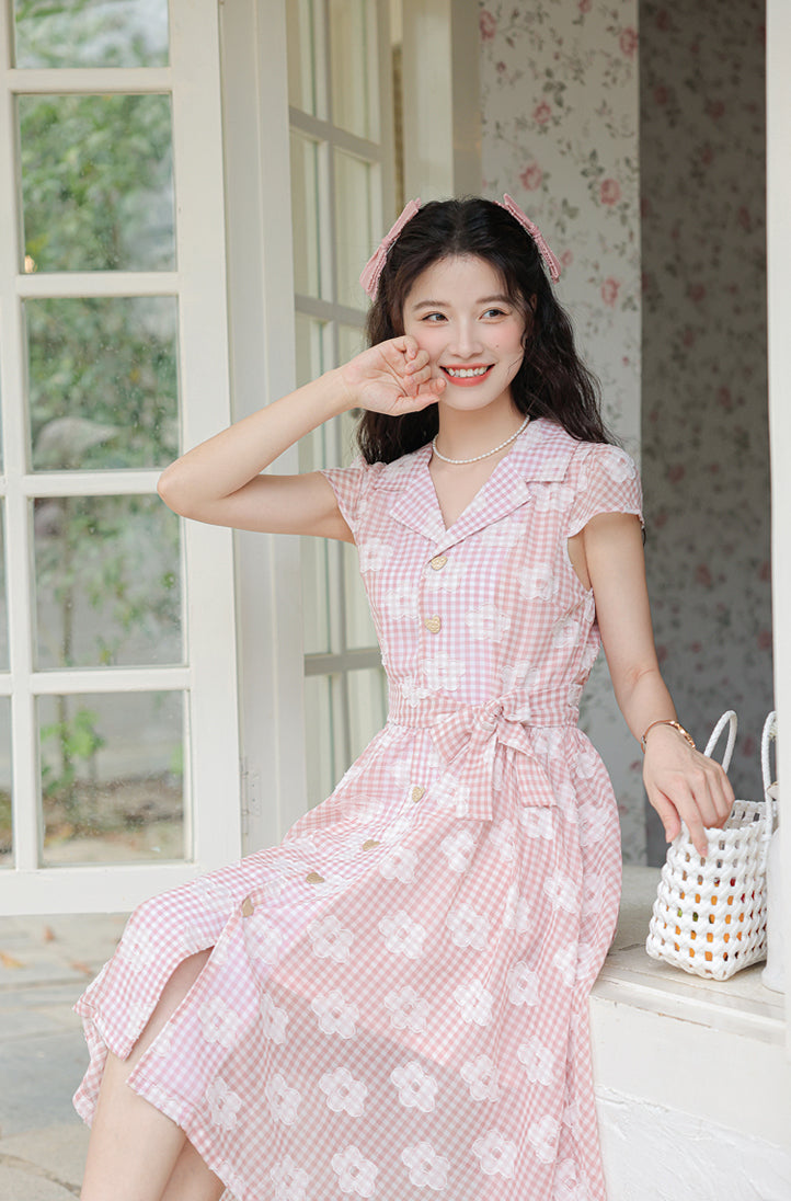 Gingham Daisy Shirt Dress (Pink)