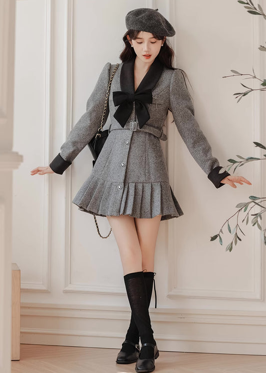 Peter Pan Collar Bow Mini Dress Coat (Gray)