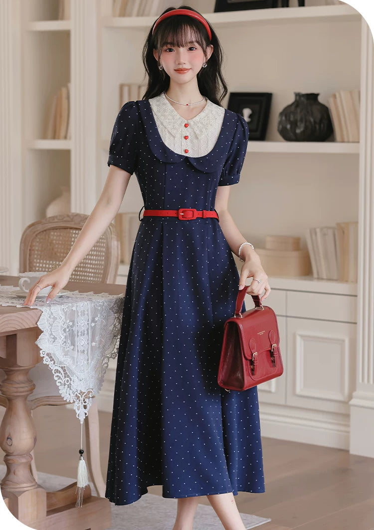 Miss Americana Polka Dot Midi Dress (Navy)