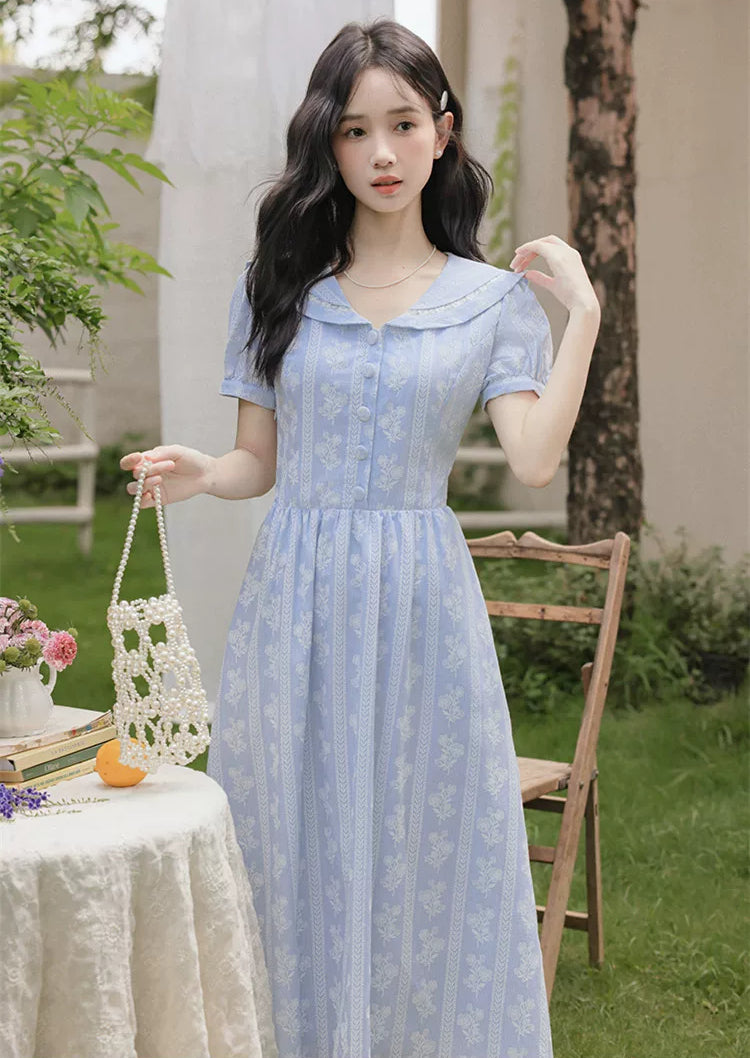 Floral Stripe Midi Dress (Blue)