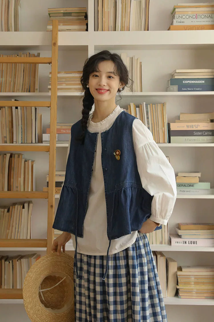 Everyday Blouse, Denim Vest & Gingham Skirt Set