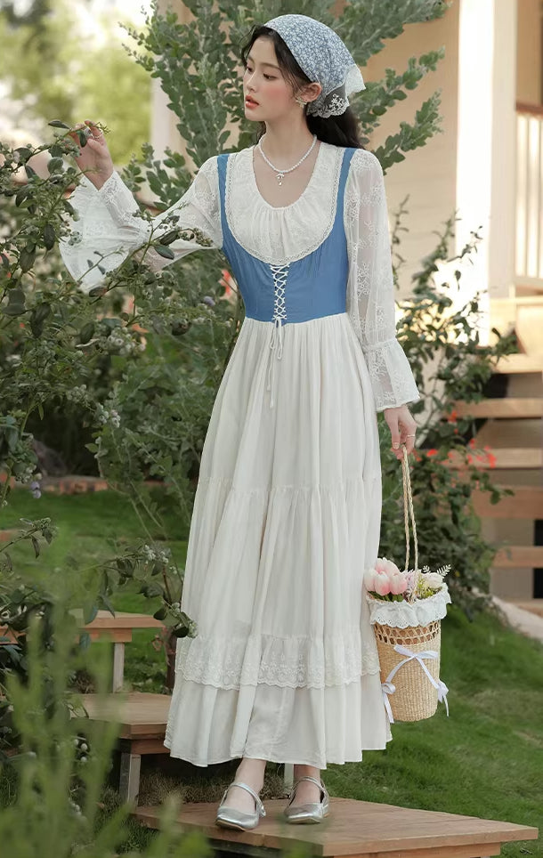 Belle Twofer Corset Peasant Maxi Dress (White/Blue)