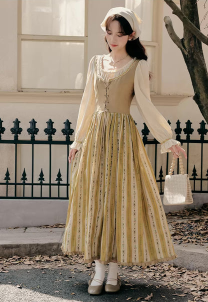 Folklore Faux Two-Piece Corset Dress (Mustard)