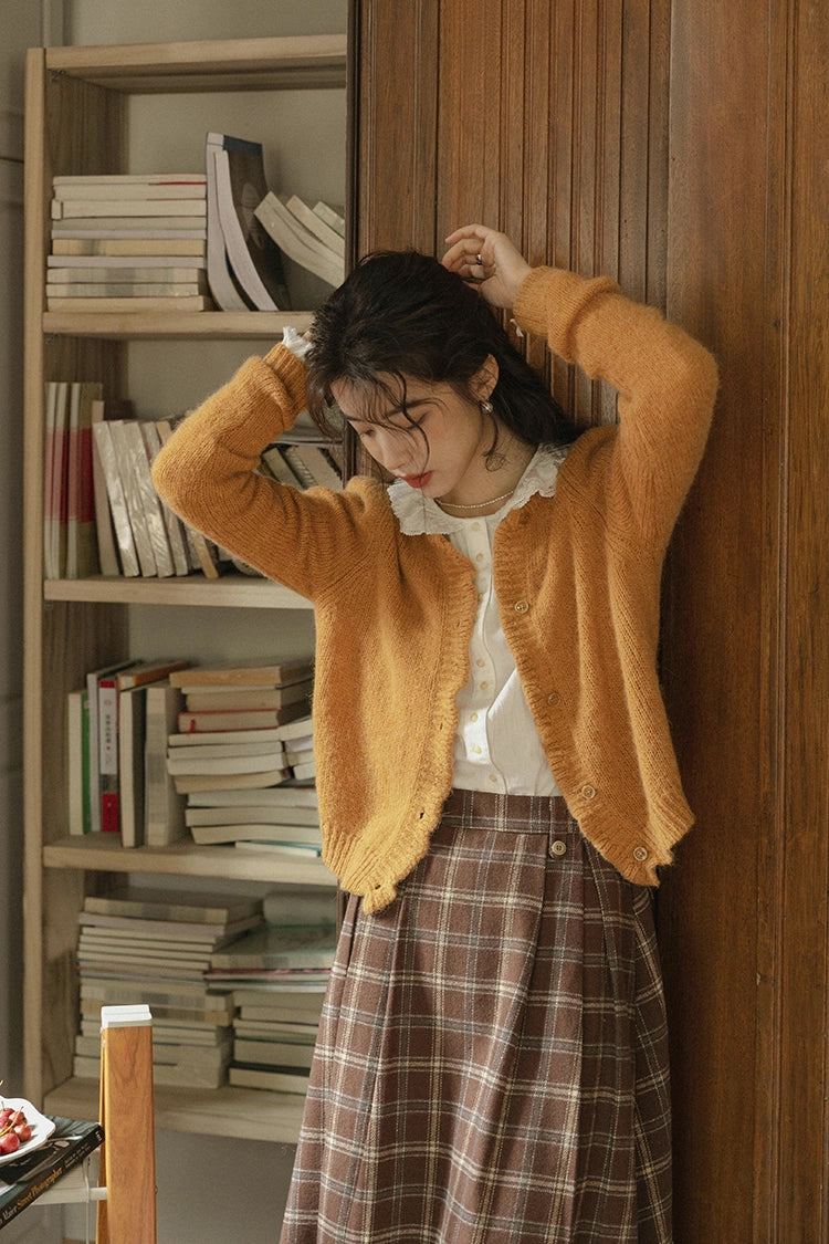 Round Neck Knitted Cardigan (Pumpkin Mustard)