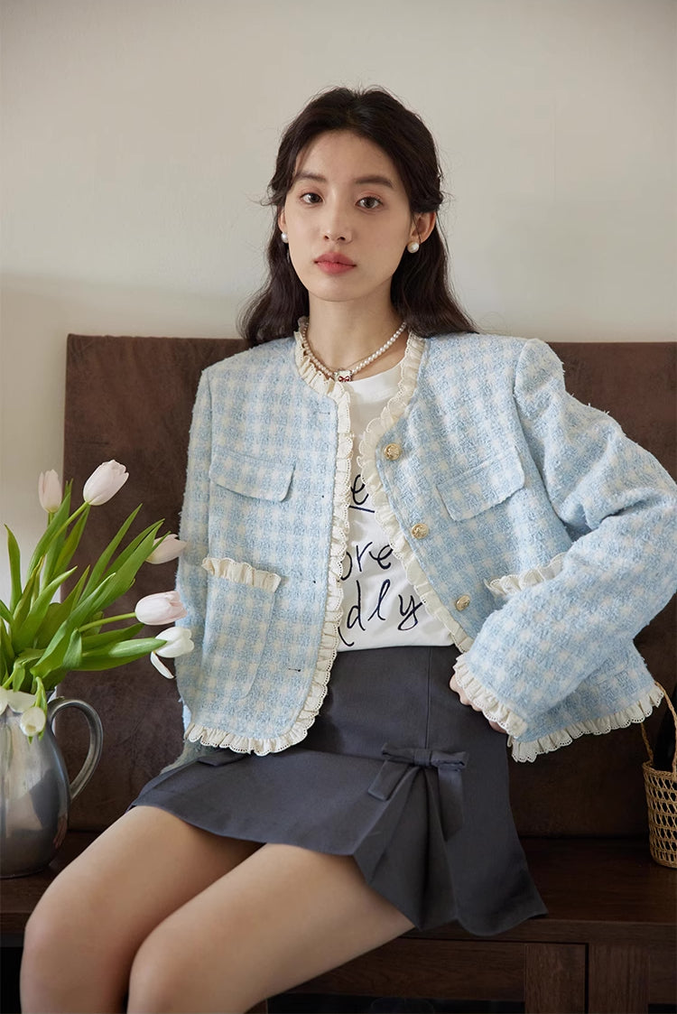 Gingham Lace Trim Tweed Jacket (Blue)