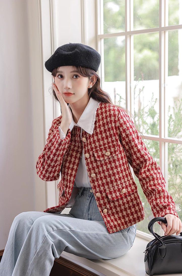 Houndstooth Tweed Jacket (Red)