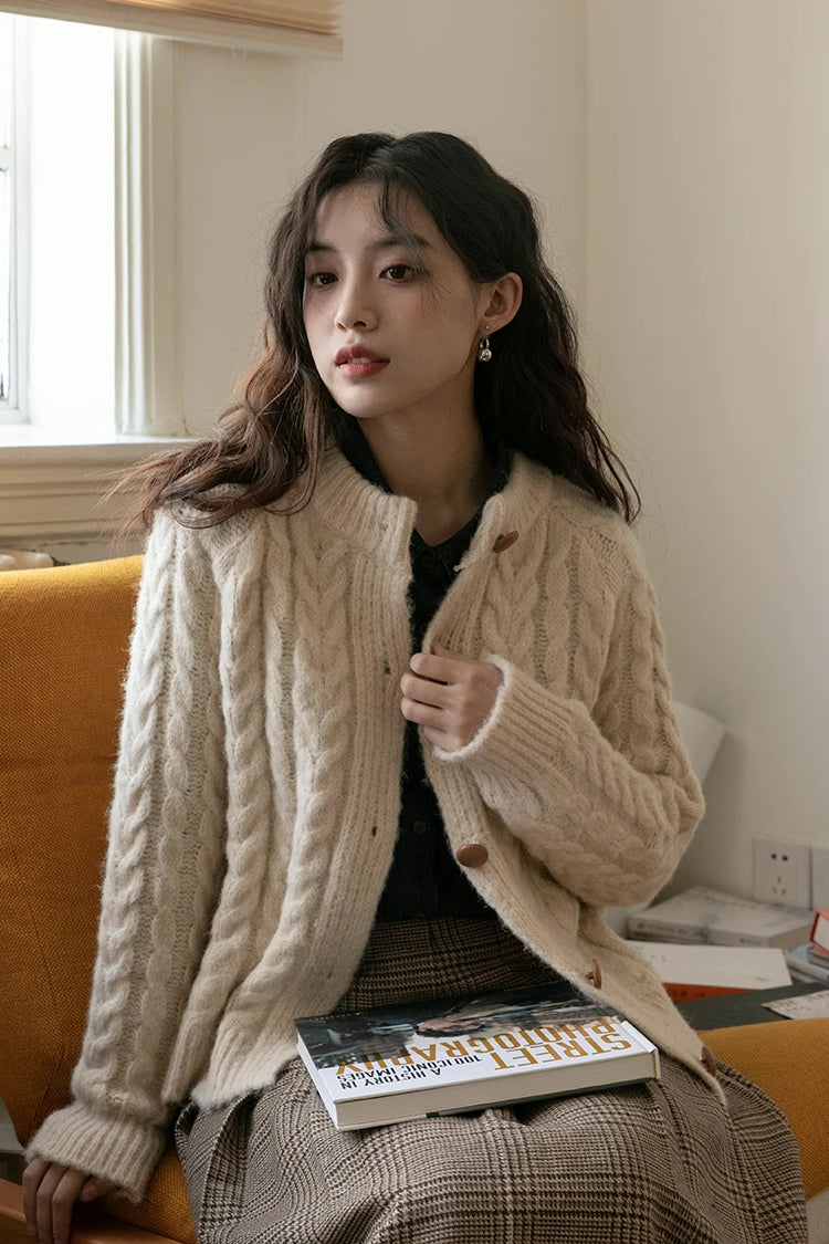 Braided Knit Round Neck Cardigan (Cream)