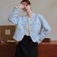 Gingham Lace Trim Tweed Jacket (Blue)