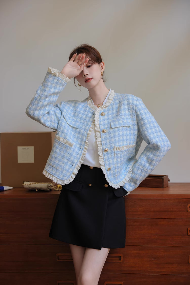 Gingham Lace Trim Tweed Jacket (Blue)