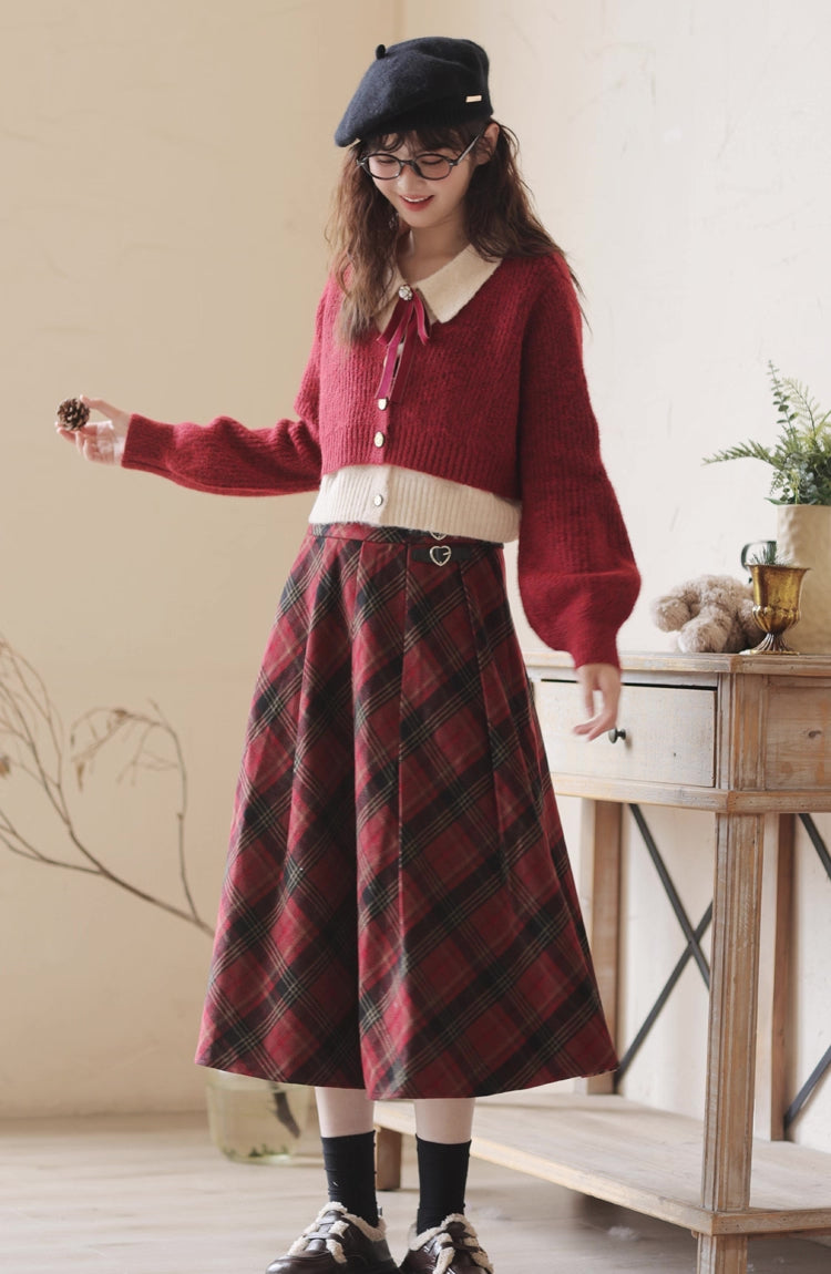 Merry Plaid Midi Skirt (Red)