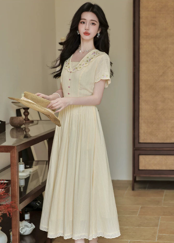 Grapevine Scallop Collar Midi Dress (Yellow)