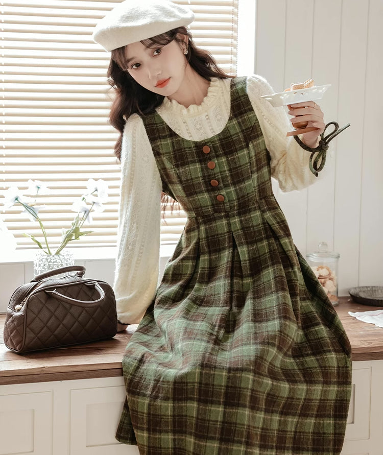 Chocolate Tea Plaid Twofer Midi Dress (Green)