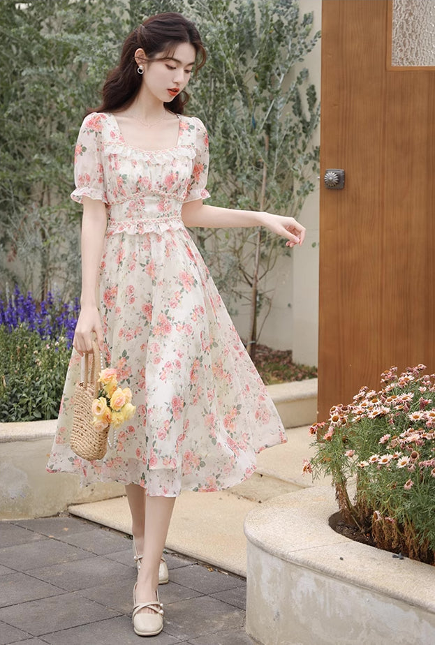 Peony Blush Midi Dress (Cream/Pink)