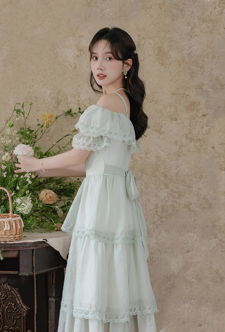 Garden Fairy Tiered Cold Shoulder Midi Dress (Mint Green)