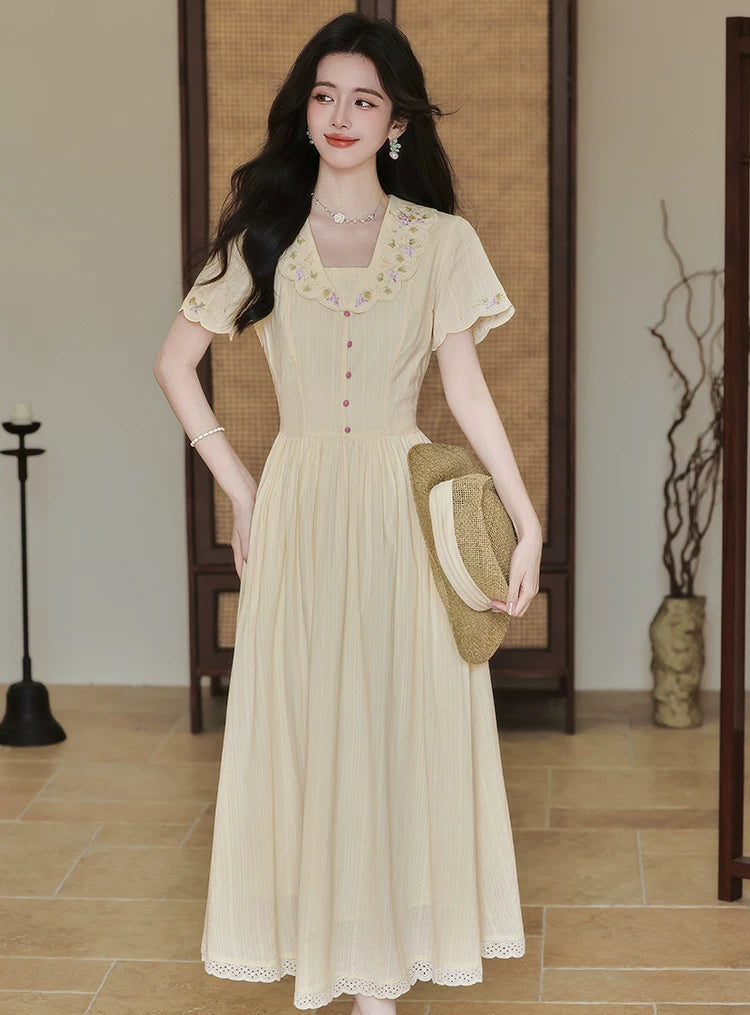 Grapevine Scallop Collar Midi Dress (Yellow)