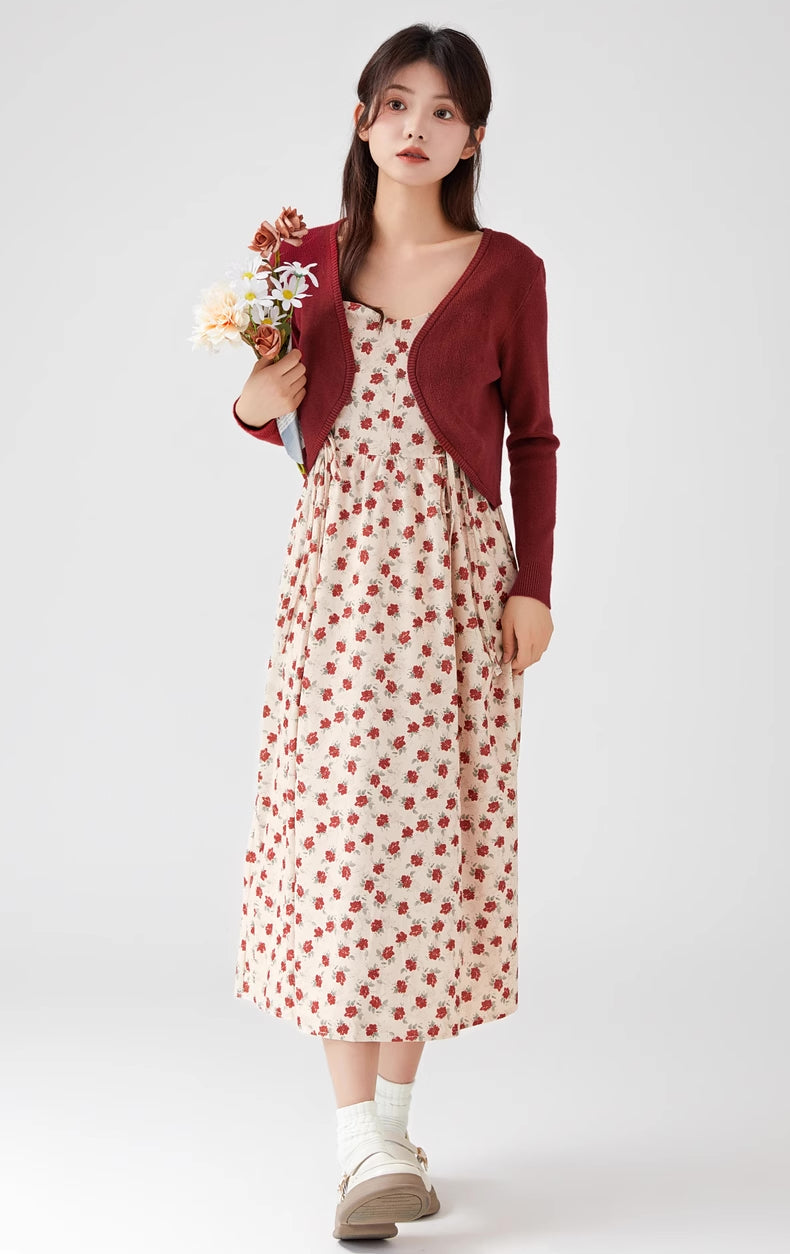 Lace Up Floral Cami Midi Dress (Beige/Red)