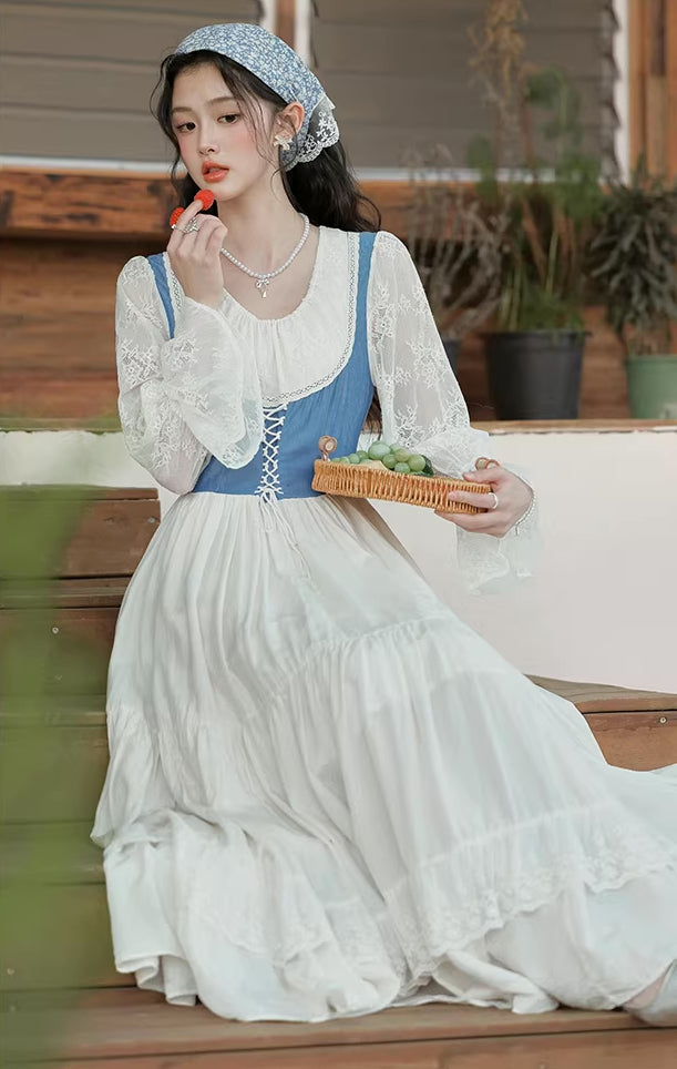 Belle Twofer Corset Peasant Maxi Dress (White/Blue)