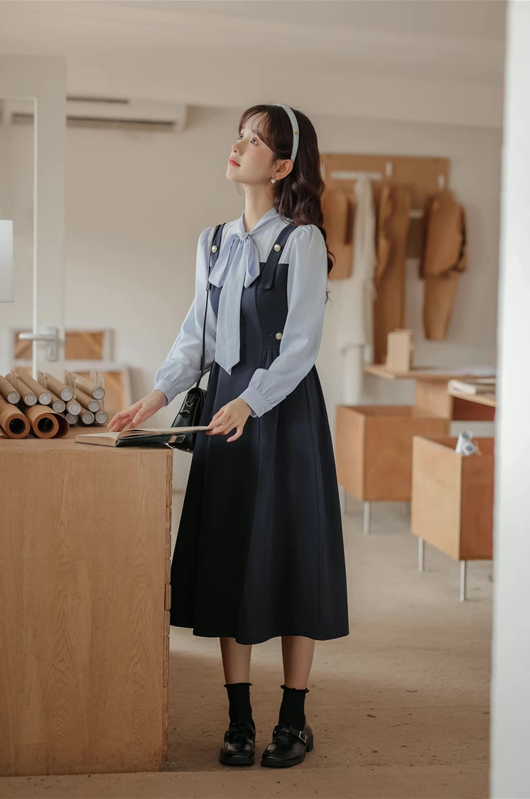 Tie Neck Twofer Midi Dress (Navy)