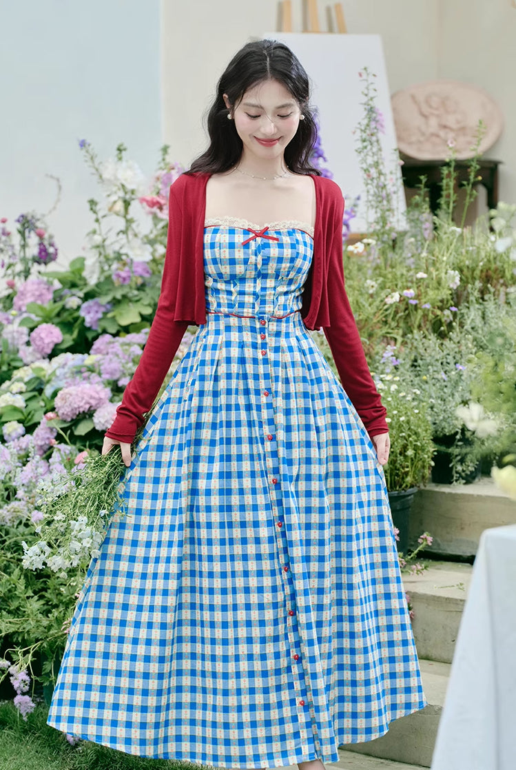 Vintage Gingham Floral Cami Dress (Blue)