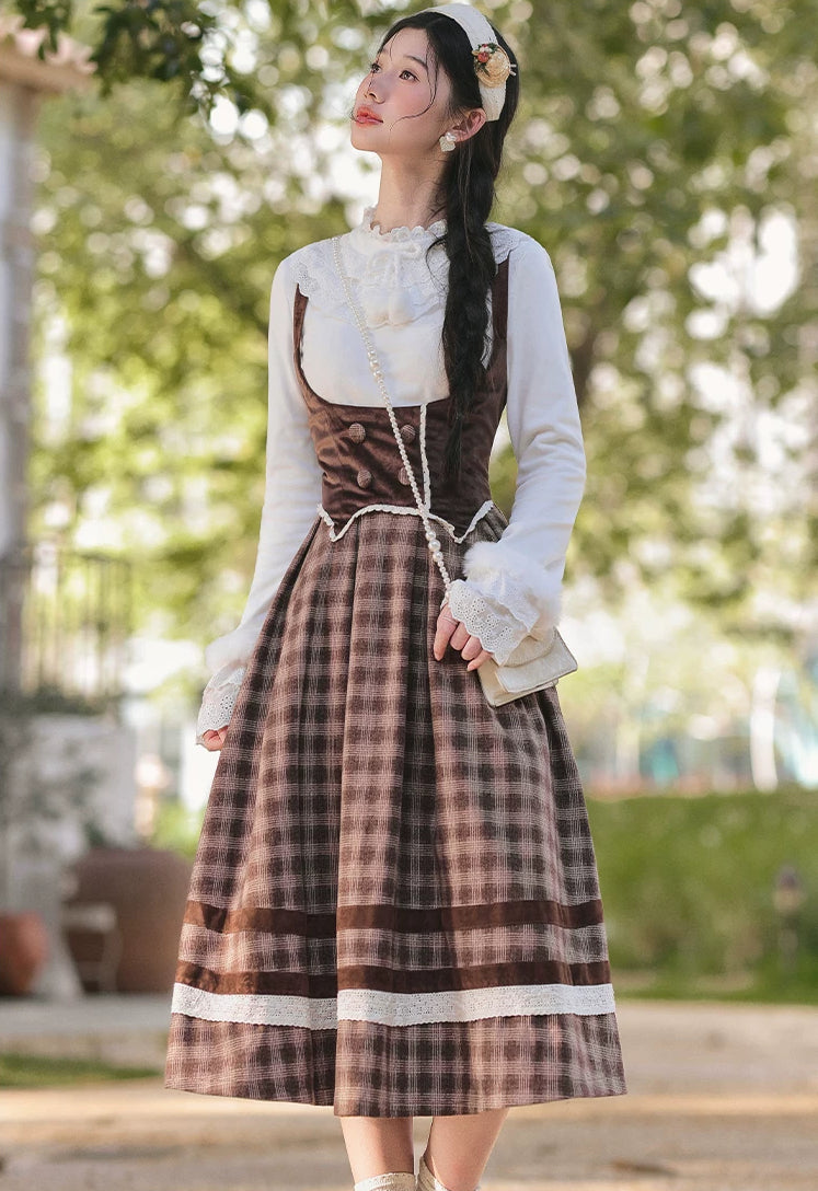 Mocca Plaid Suspender Skirt (Brown)
