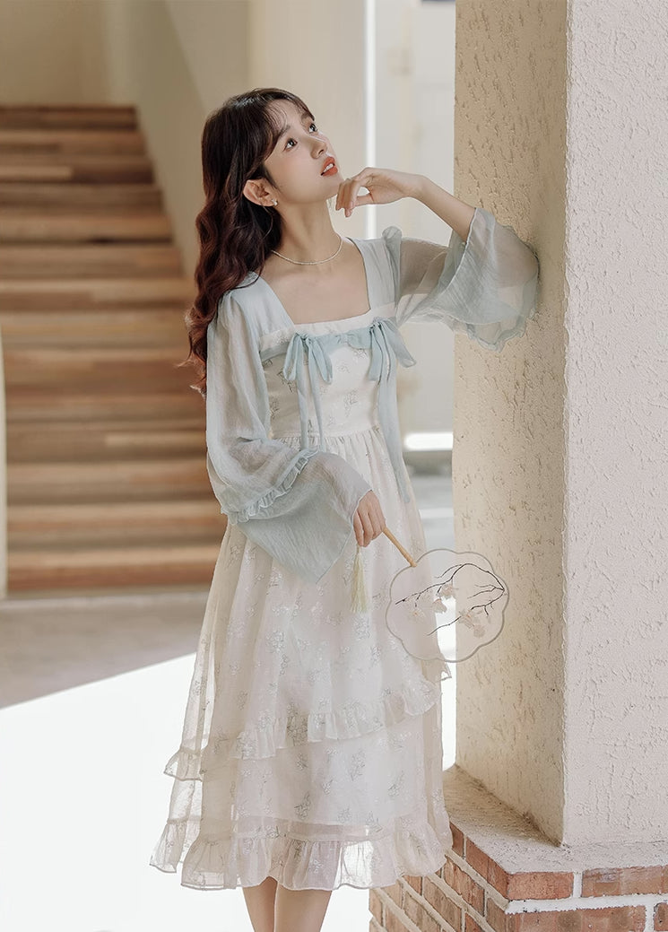 Sakura Hanfu Midi Dress (White/Blue)