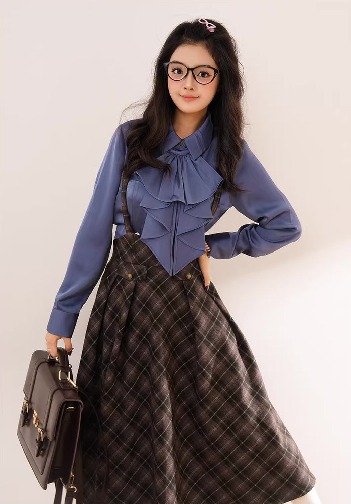 Newsgirl Plaid Suspender Skirt & Blouse Set (2 Colors)