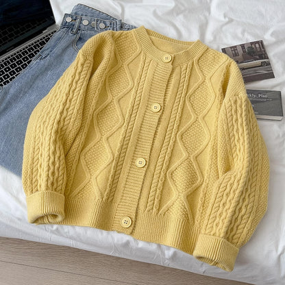 Cable Knit Round Neck Cardigan (7 Colors)