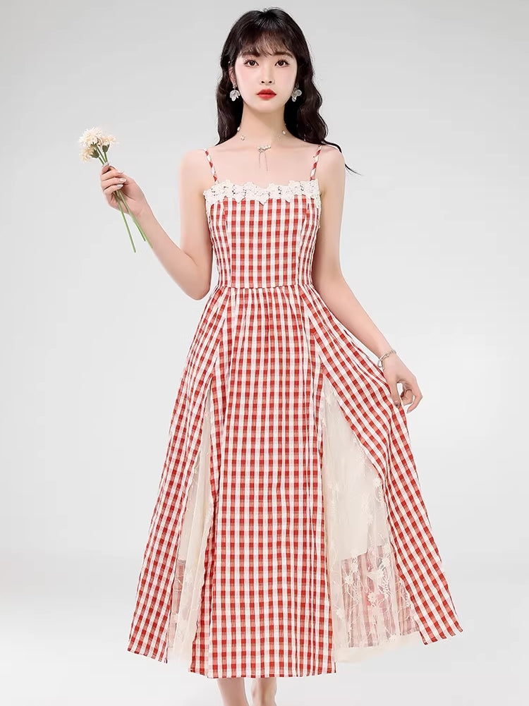 Gingham Lace Cami Maxi Dress (2 Colors)
