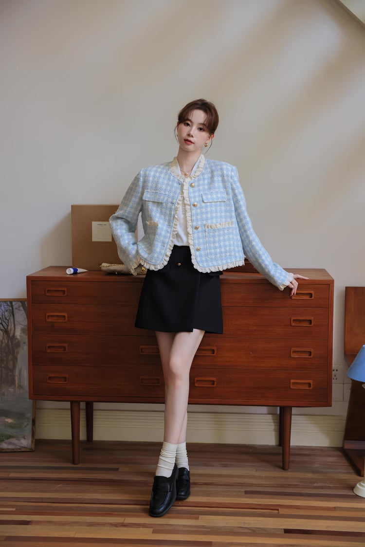 Gingham Lace Trim Tweed Jacket (Blue)