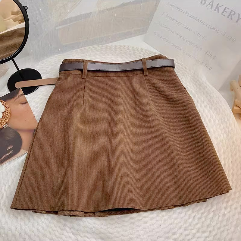 Corduroy Belted Pleat Skirt (3 Colors)