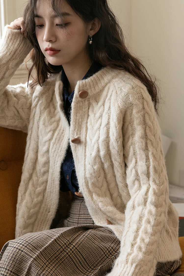 Braided Knit Round Neck Cardigan (Cream)