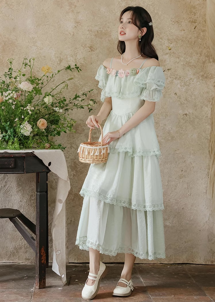 Garden Fairy Tiered Cold Shoulder Midi Dress (Mint Green)