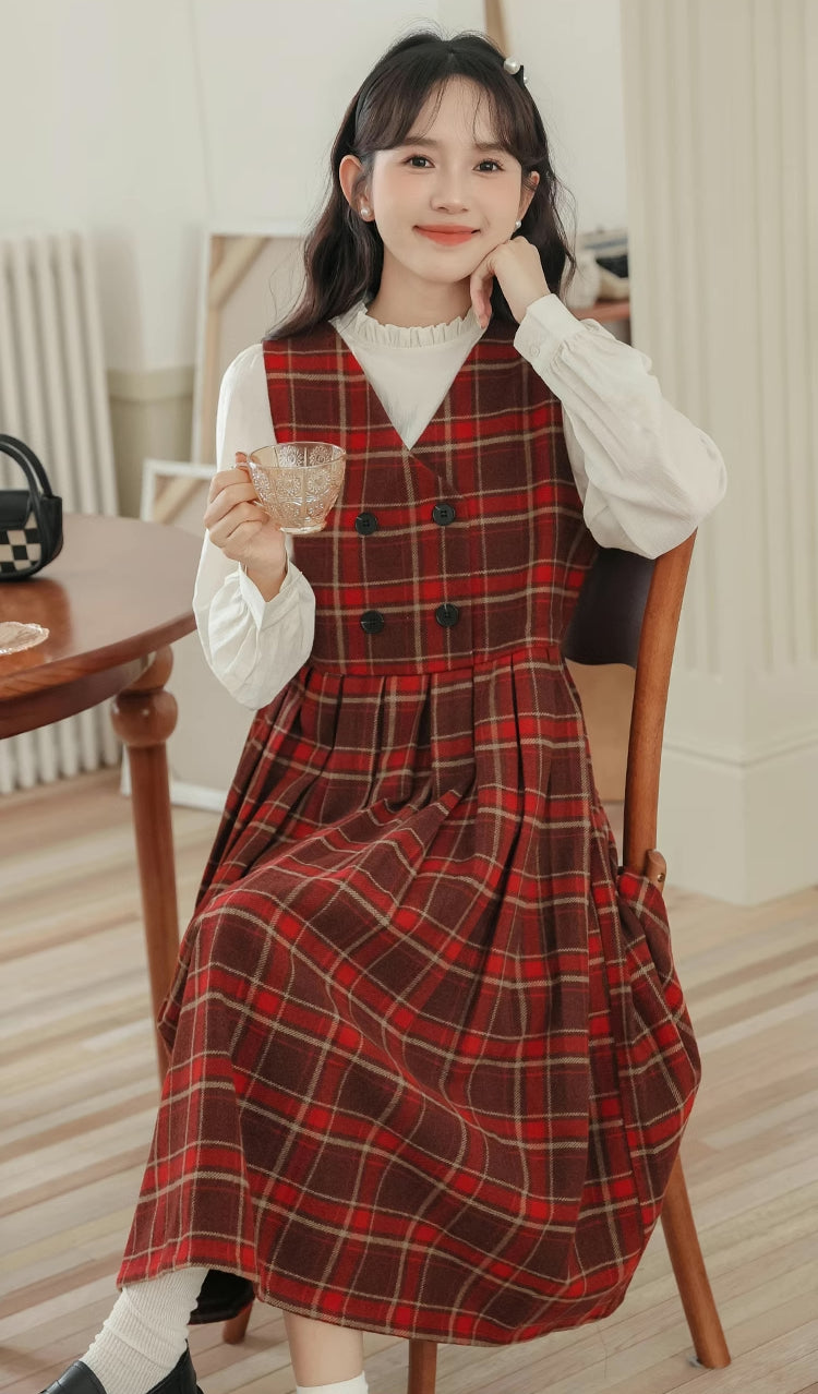 Biscuit Plaid Midi Dress (Red)