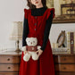 Velvet Frilly Bow Pinafore Dress (Red)