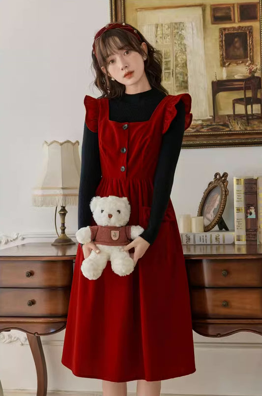 Velvet Frilly Bow Pinafore Dress (Red)