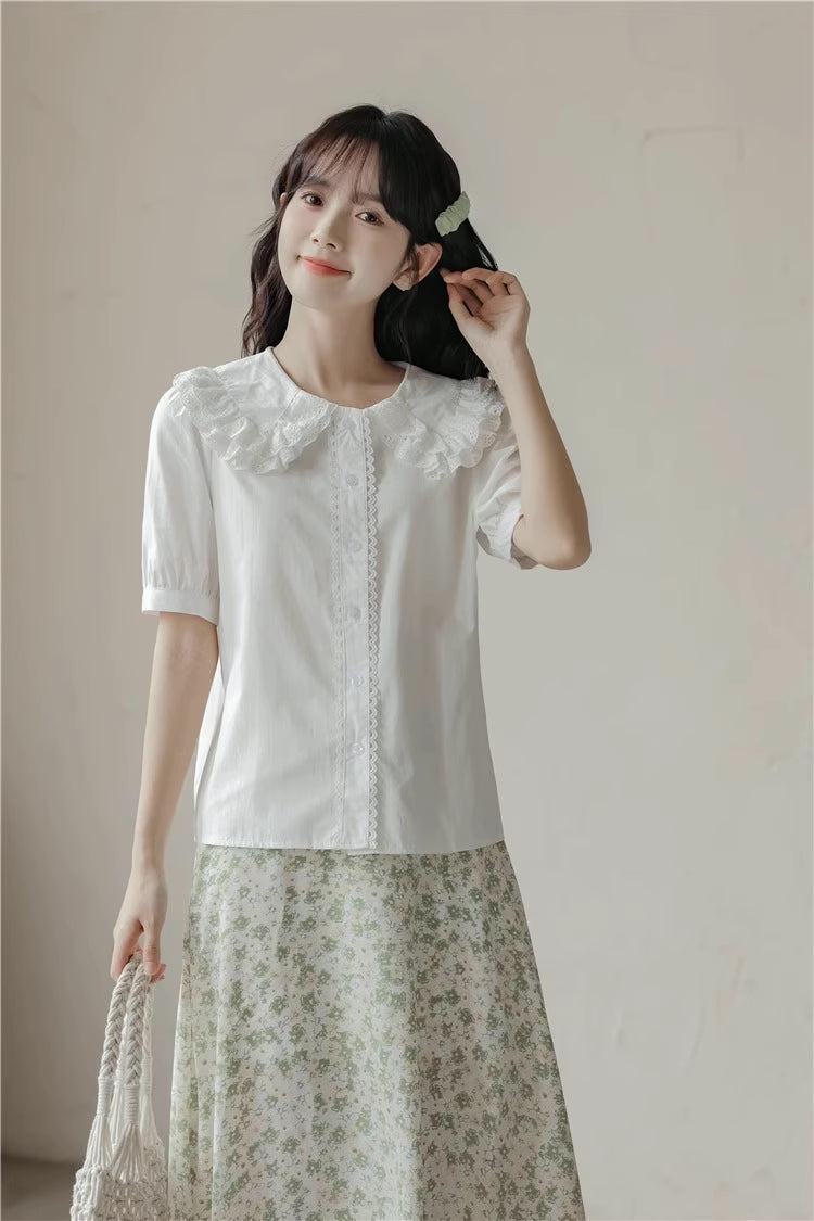 Double Collar Short Sleeve Blouse (White)