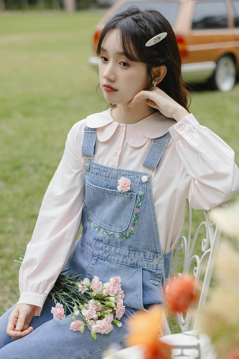 Floral embroidered 2024 denim overall dress