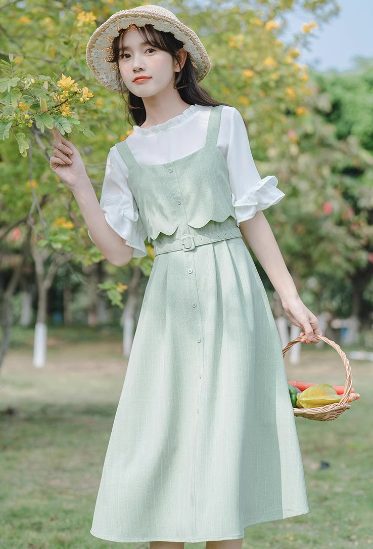 Button Stripe Midi Dress (Green)
