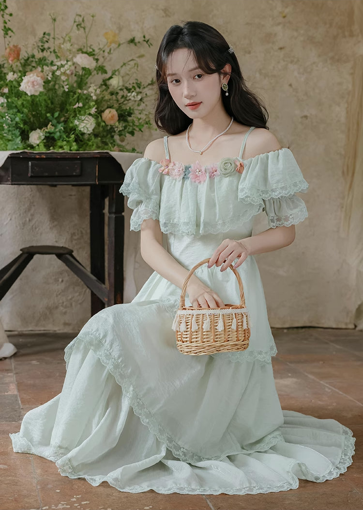Garden Fairy Tiered Cold Shoulder Midi Dress (Mint Green)