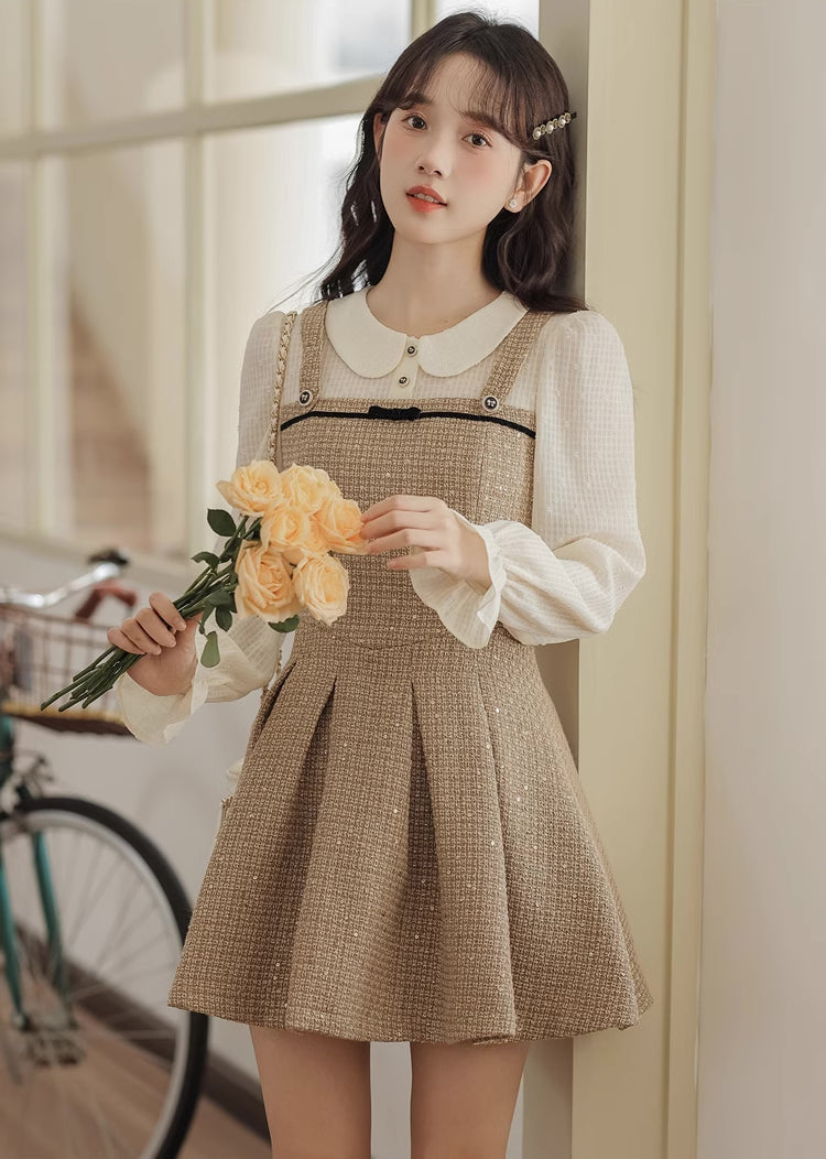 Latte Tweed Mini Twofer Dress (Khaki)