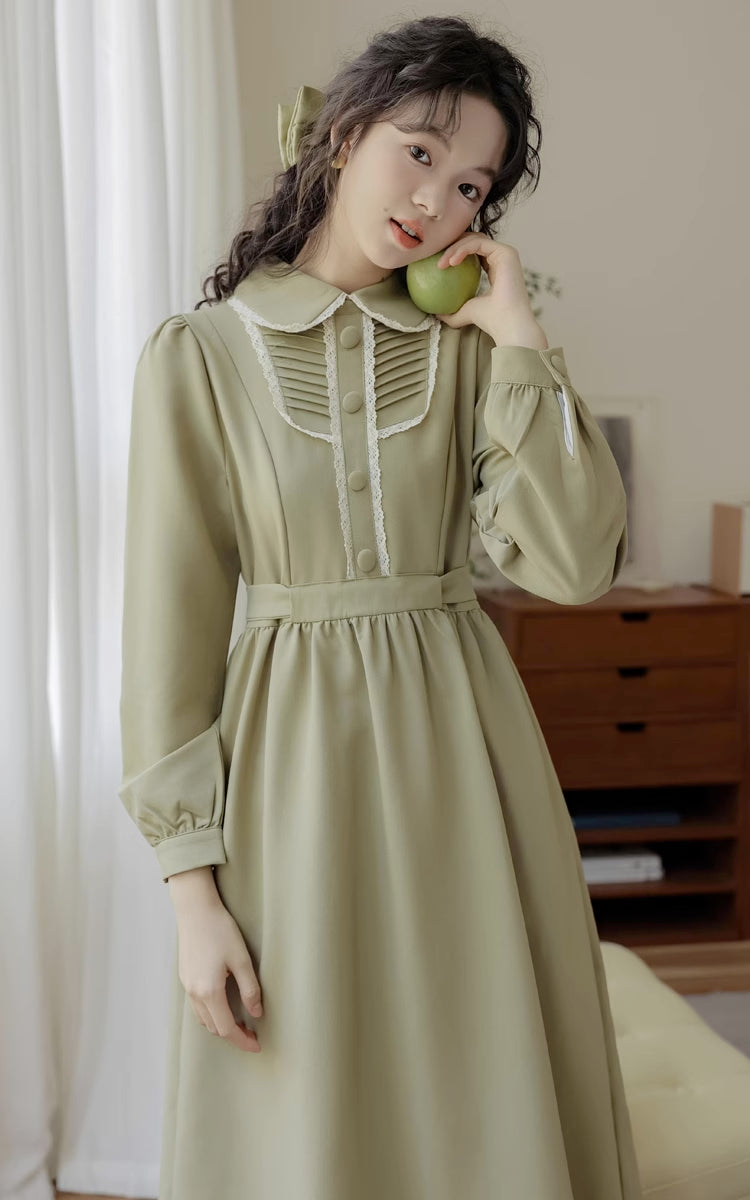 Sunday Tea Long Sleeve Midi Dress (Olive)